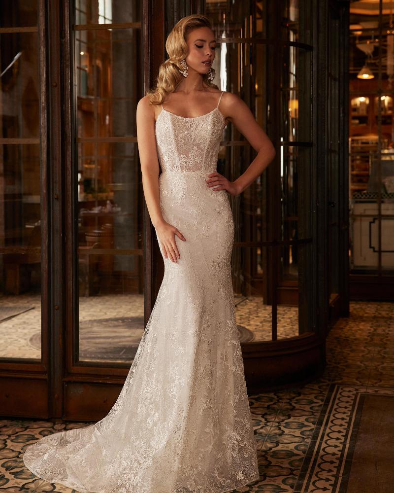 La22231 fitted backless wedding dress with lace and spaghetti straps3
